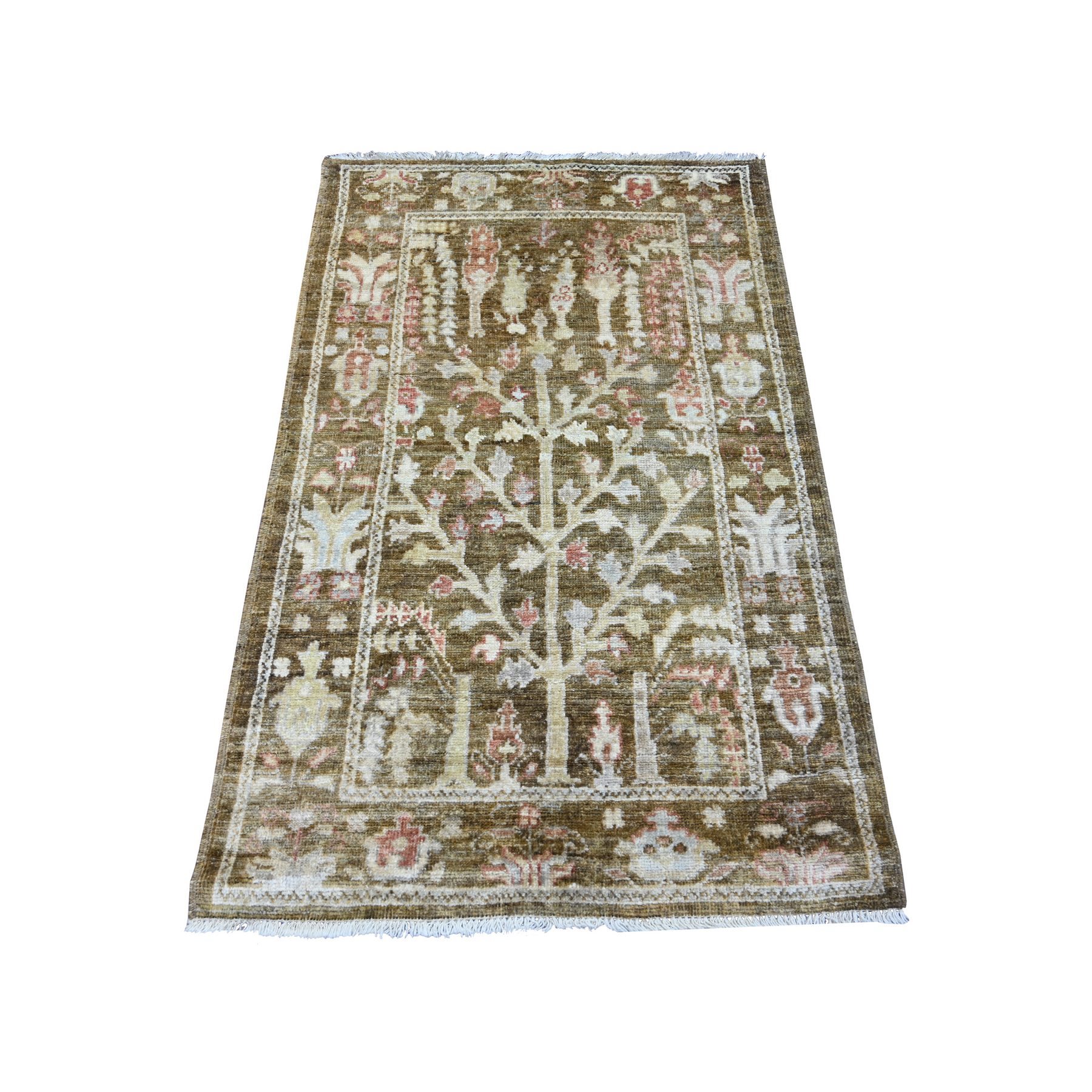 Chocolate Brown, Afghan Angora Oushak with Willow and Cypress Tree Design, Hand Knotted, 100% Wool, Vegetable Dyes, Oriental Rug